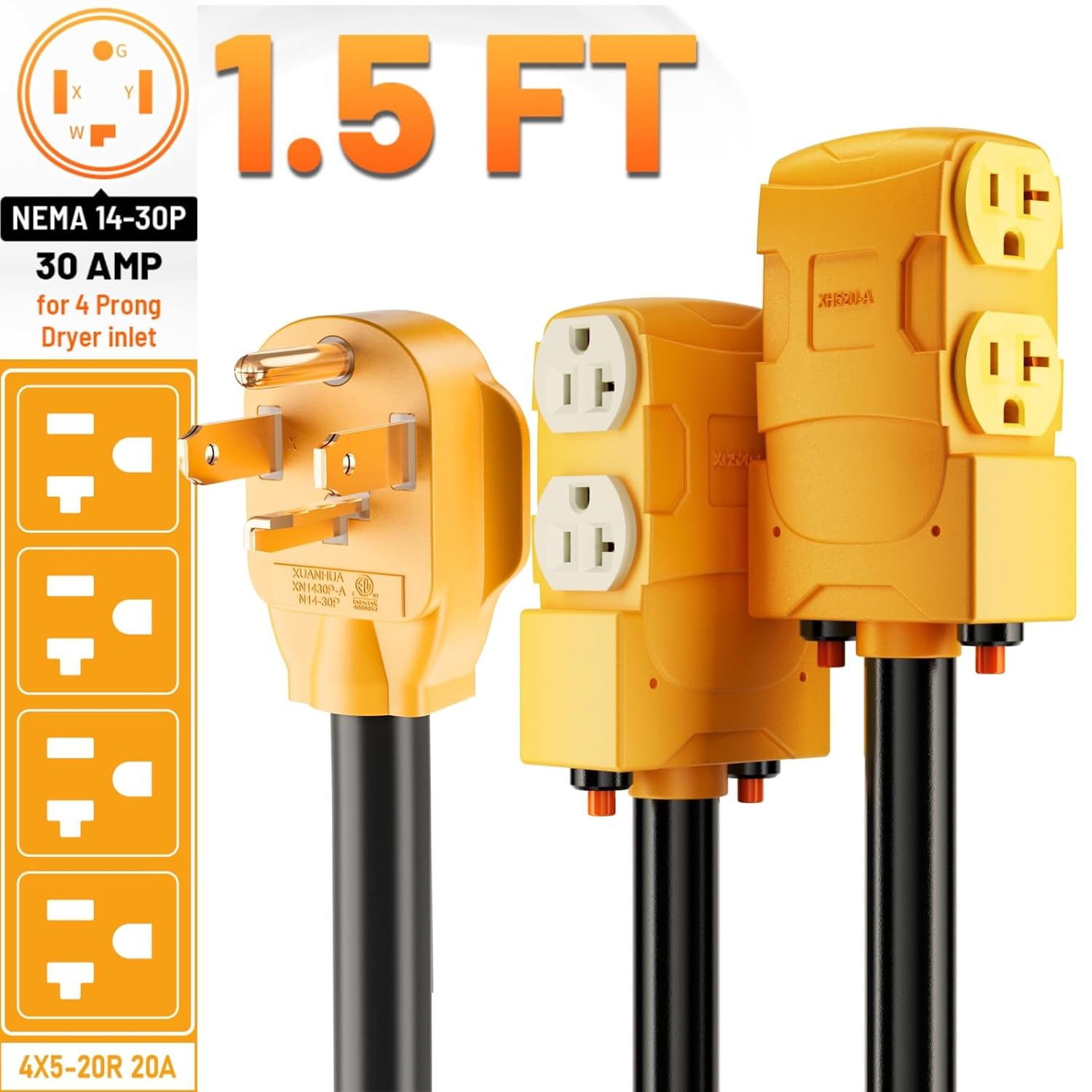 MECMO NEMA 14-30P & NEMA 14-50P to 4X 5-15/20R Adapter, 4 Prong 30 Amp Dryer and 4 Prong 50 Amp RV Male Plug to 20 Amp 110V RV Generator Distribution Adapter w/ 20amp Circuit Breakers