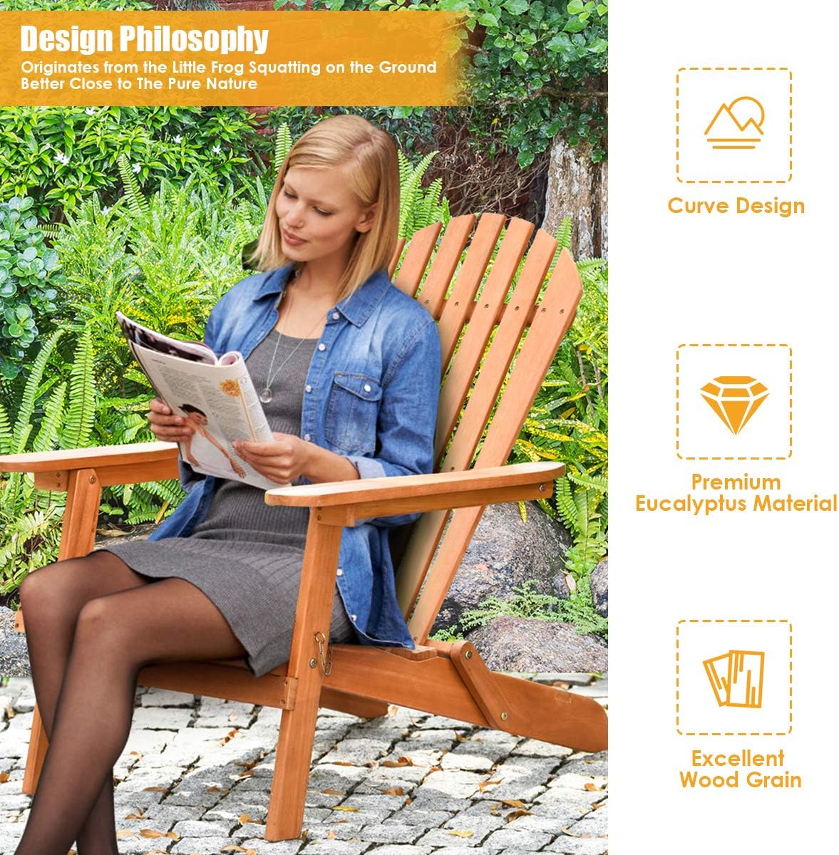 Giantex Wooden Adirondack Chair Set of 4 Outdoor Lounger Chair, Folding Adirondack Chairs 400 lbs Weight Capacity for Patio, Garden, Deck, Porch, Lawn, Oversized Backyard Seating Fire Pit Chairs