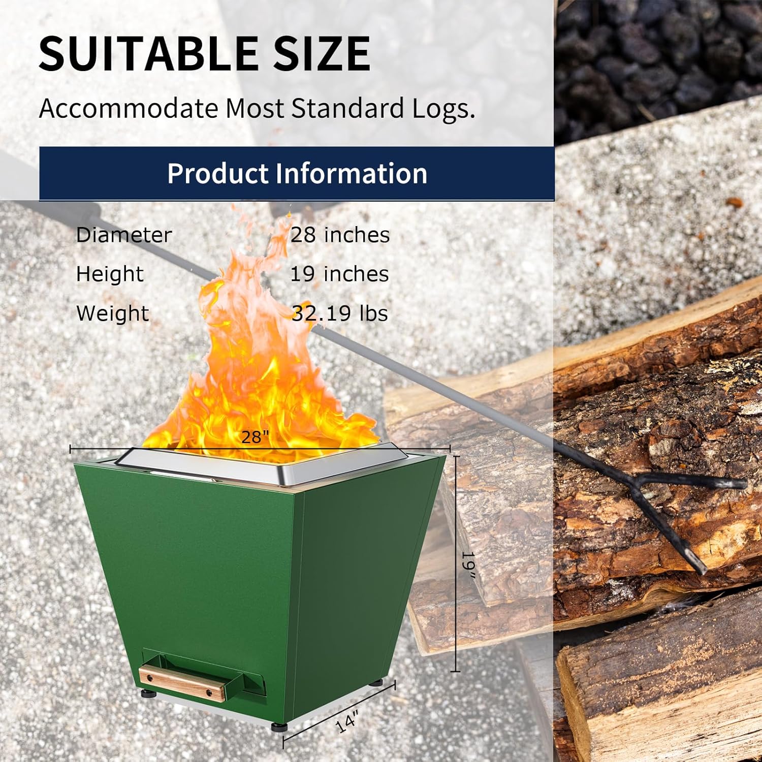 Smokeless Fire Pit, Portable Outdoor Firepits 28 inch, Carry Handle for Backyard Patio Camping Bonfire, Stainless Steel,Cyberpit One, Ideal for 4-8 People, 32.19 lbs, Green