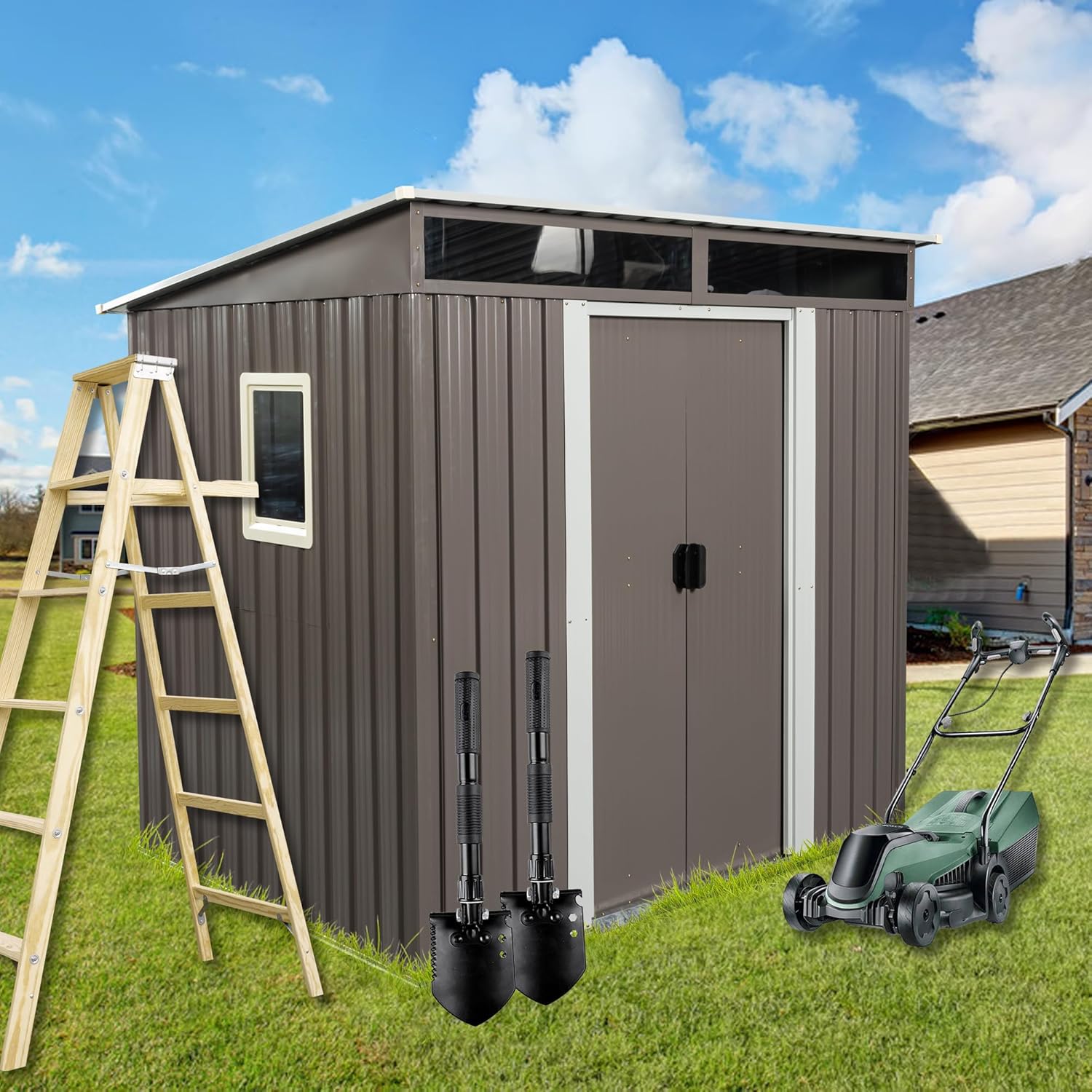 6x5 FT Outdoor Storage Shed, Metal Garden Shed with Frame Floor, Outside Tool Shed with Window, Waterproof Storage Building with Lockable Sliding Doors & Sloped Roof for Backyard, Patio, Warm Gray