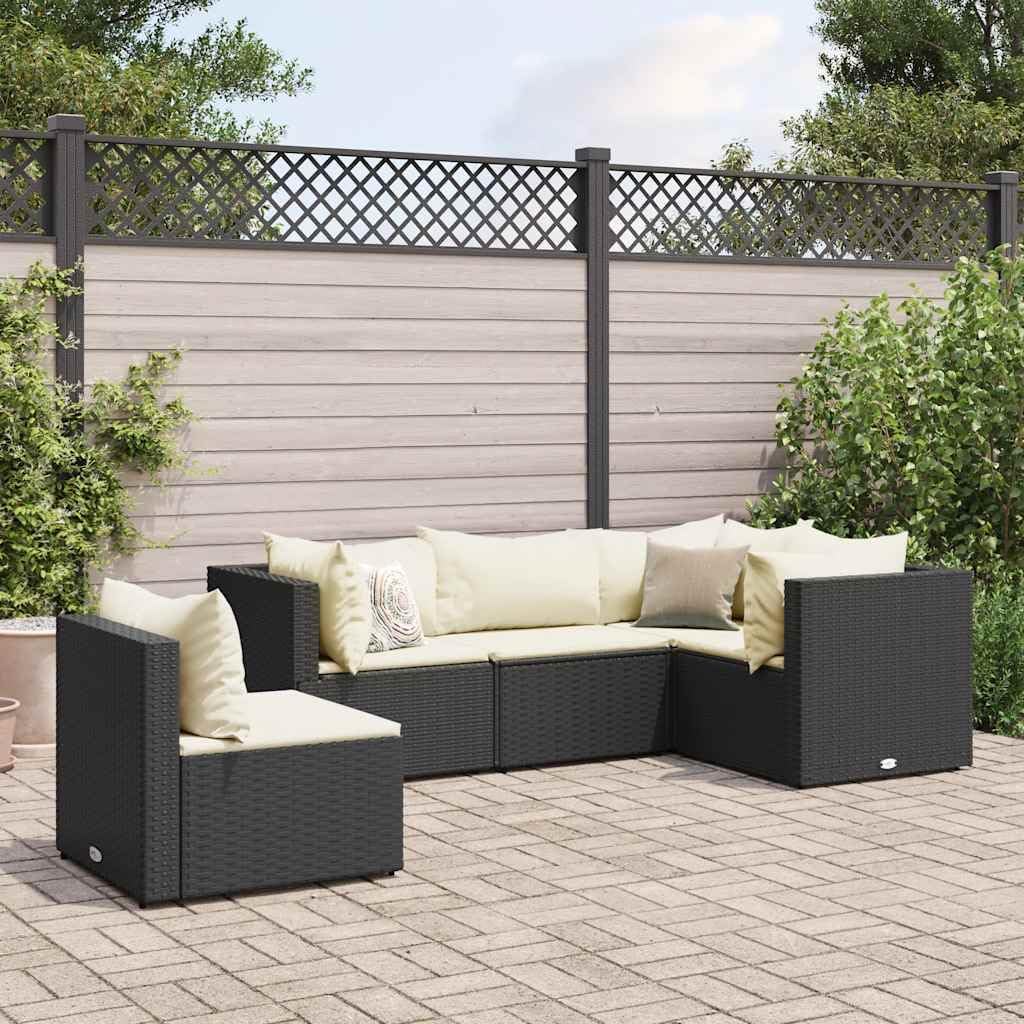 5 Piece Patio Lounge Set with Cushions Black Poly Rattan Garden Furniture