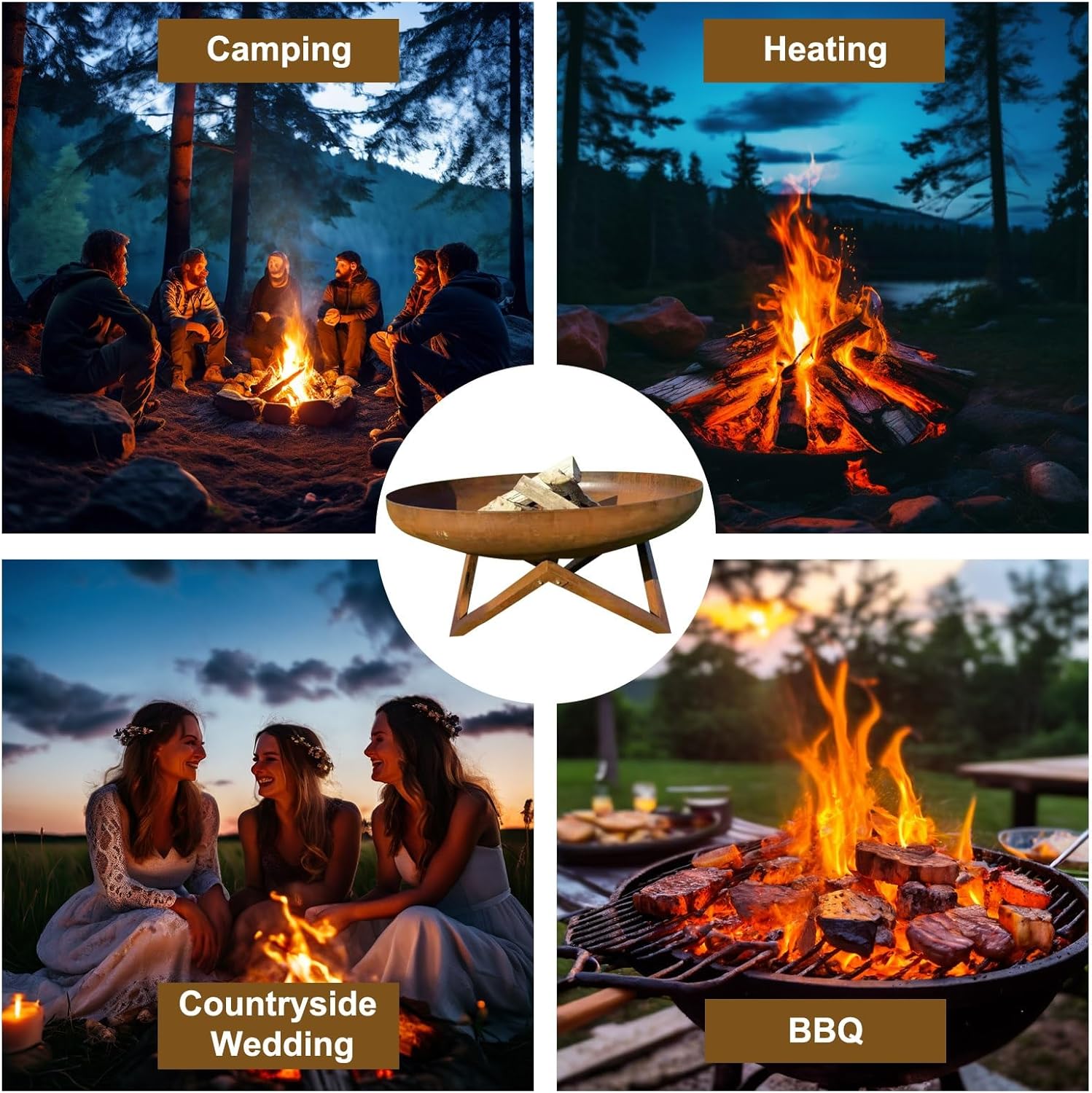 Generic BBQ Pit, Wood Burning Fire Pits for Outside, Thickened Corten Steel Basin Body for Wood Pellet Bonfire BBQ on Patio Garden Backyard Picnic, 5-7 People, 60*28cm, Metallic