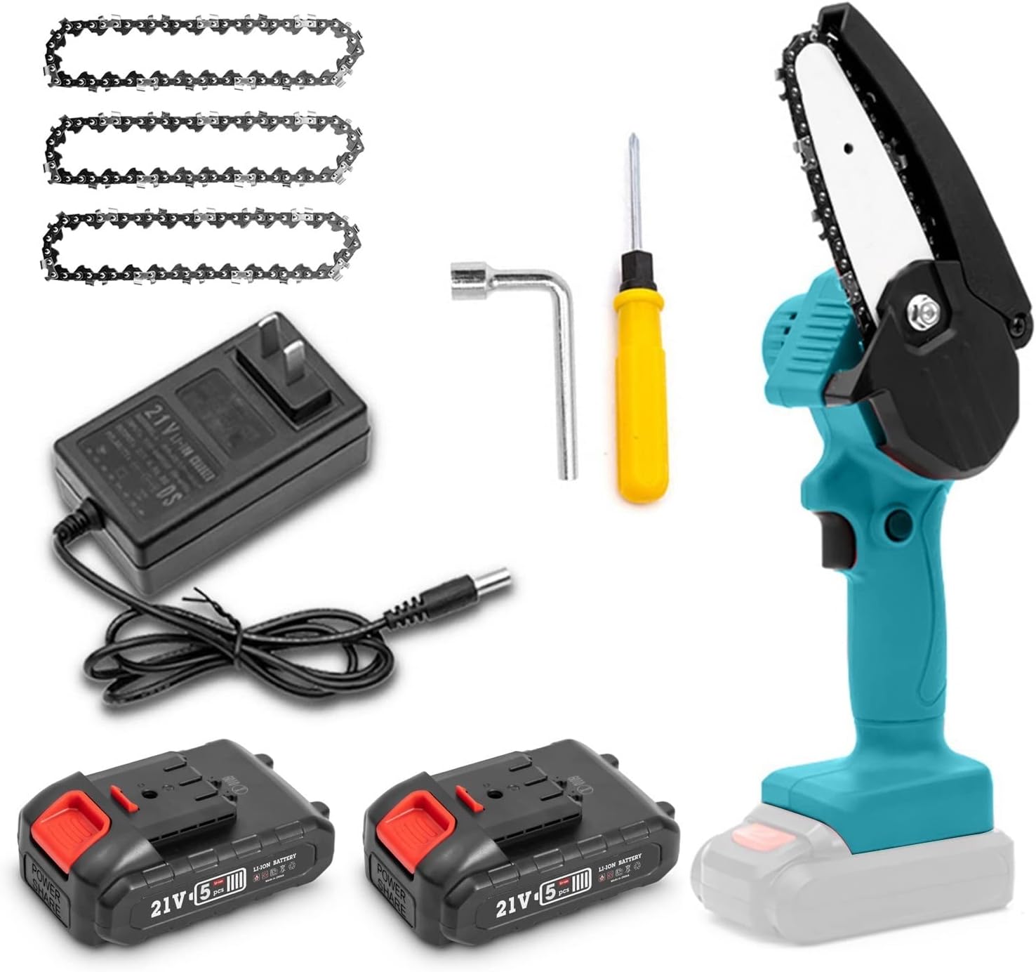 Mini Chainsaw 4-Inch Battery,Cordless Power Chain saws with Security Lock,with 1500mAh 21V 1.5Ah 2 Batteries Powered Kit and 4Pcs Chains,for Tree Trimming Wood Cutting