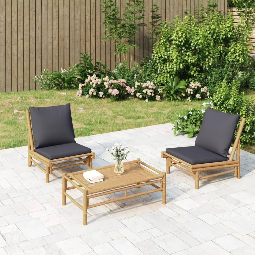 3 Piece Patio Lounge Set with Dark Gray Cushions Bamboo,Rustic Bamboo Patio Lounge Set: Comfort and Style for Your Outdoor, Patio Furniture Sets, Outdoor Furniture Sets