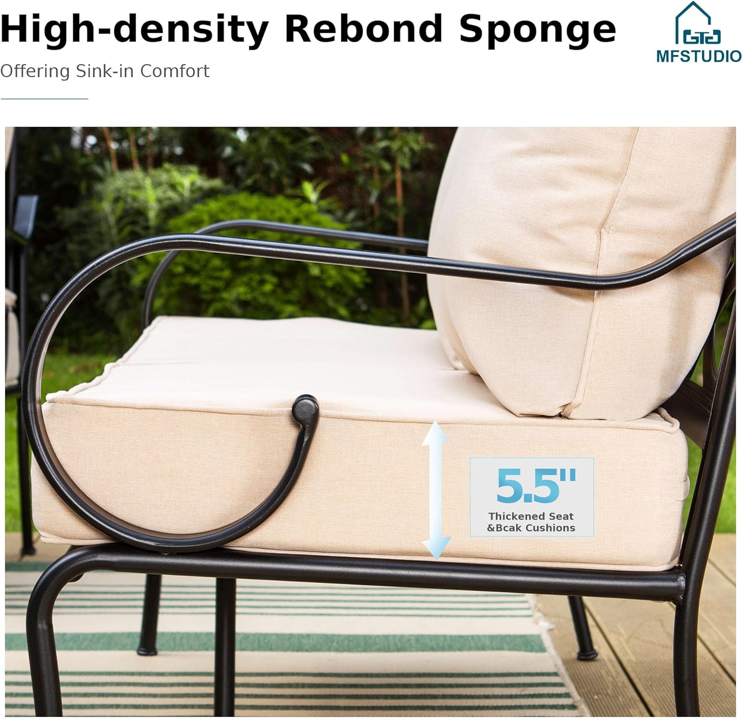 MFSTUDIO 7 Seats Metal Patio Furniture Sets, 6 Pieces Outdoor Sectional Sofa Conversation Set with 2 x Swivel Chairs, 2 x Fixed Chairs, 1 x 3-seat Sofa and 1 x 45 inches Rectangular Fire Pit Table