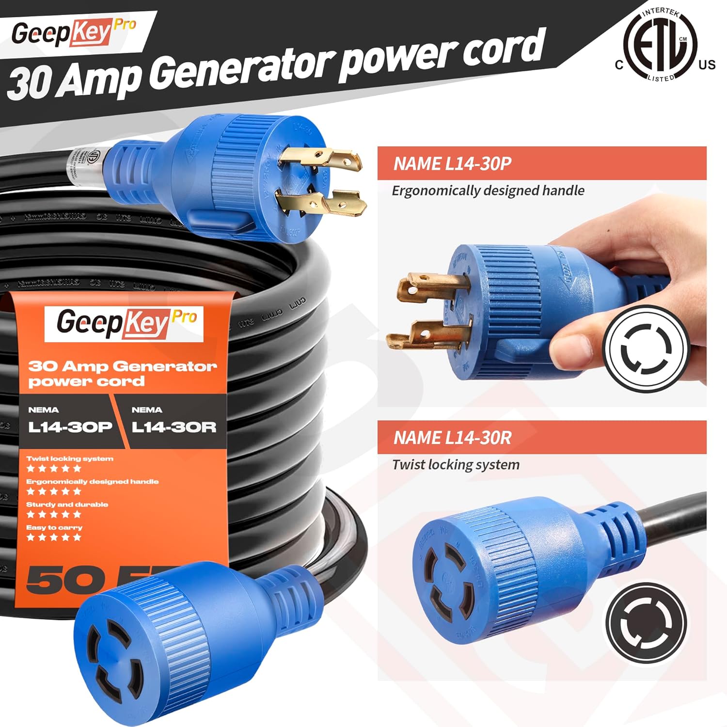 30 Amp Generator Cord and Power Inlet Box [Pre-Drilled], 25FT Generator Cords 30 Amp,125/250 Volt 7500 Watts Generator Power Cord NEMA L14-30P PB30 Twist Lock Connector