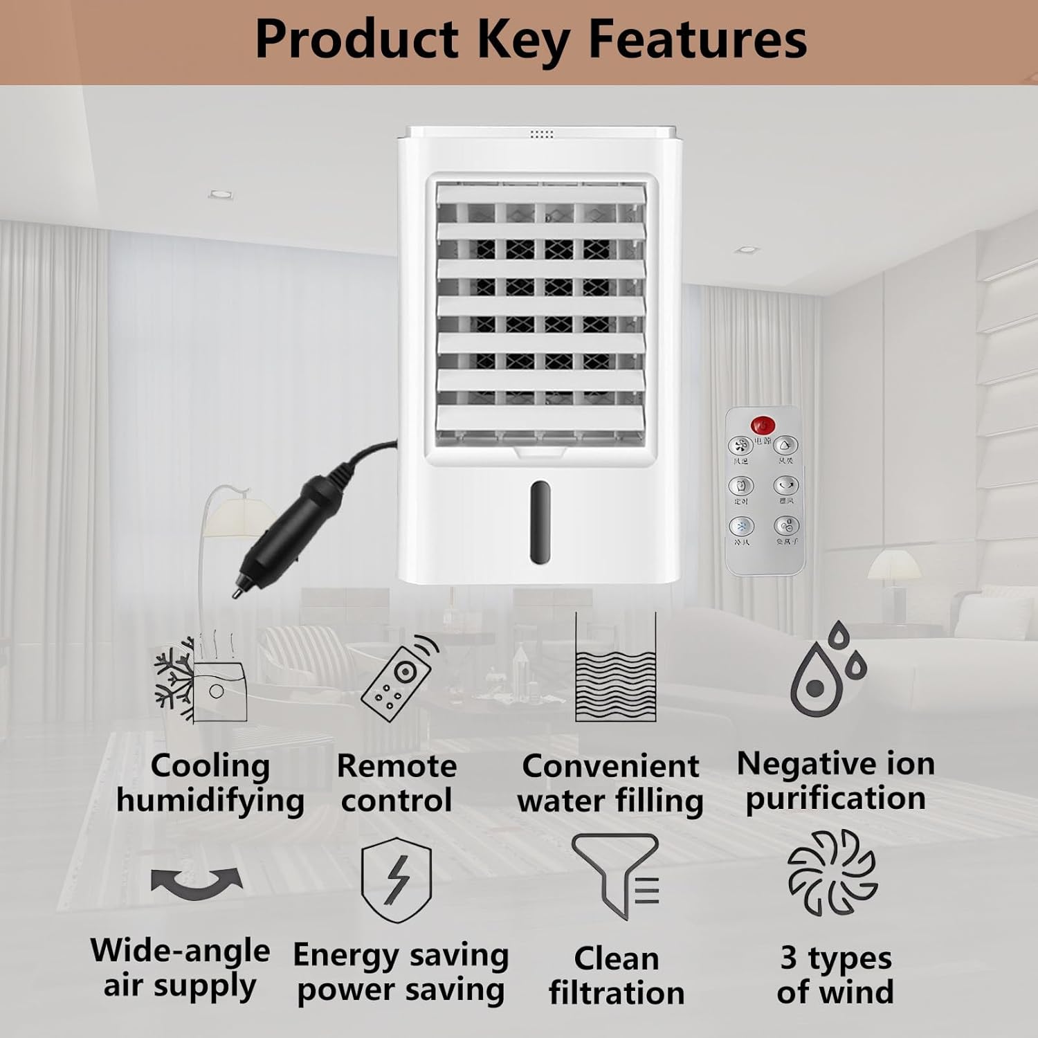 Portable Air Conditioners 4-in-1 Portable Air Cooler Fan Mini Evaporative AC Unit with 3-Speed and 4 Ice Packs Remote Control Touch Screen for Camping Office Bedroom Car 12VCar