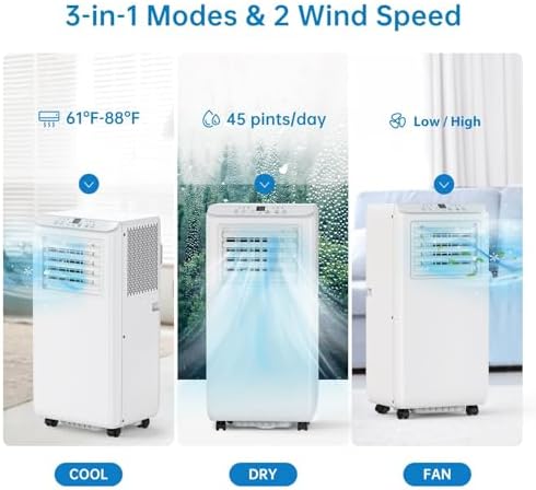 8,000Btus Portable Air Conditioner AC Unit 3-In-1 Air Conditioners w/Dehumidifier & Fan Modes Auto Evaporation for Home Up to 350 Sq. Ft. Complete Window Mount Exhaust Kit, 24H Timer, White