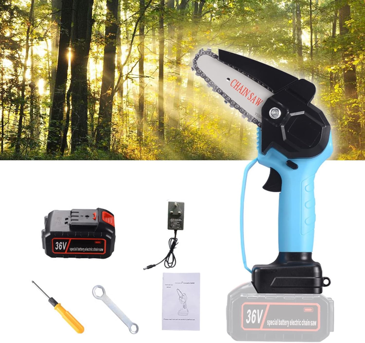 36V Cordless Mini Chainsaw Battery Powered Kit,Mini Chainsaw 4-Inch withSecurity Lock,with Battery and Charger,Handheld Chainsaw for Tree Trimming Wood Cutting ( Color : Blue , Battery *1 : UK plug )