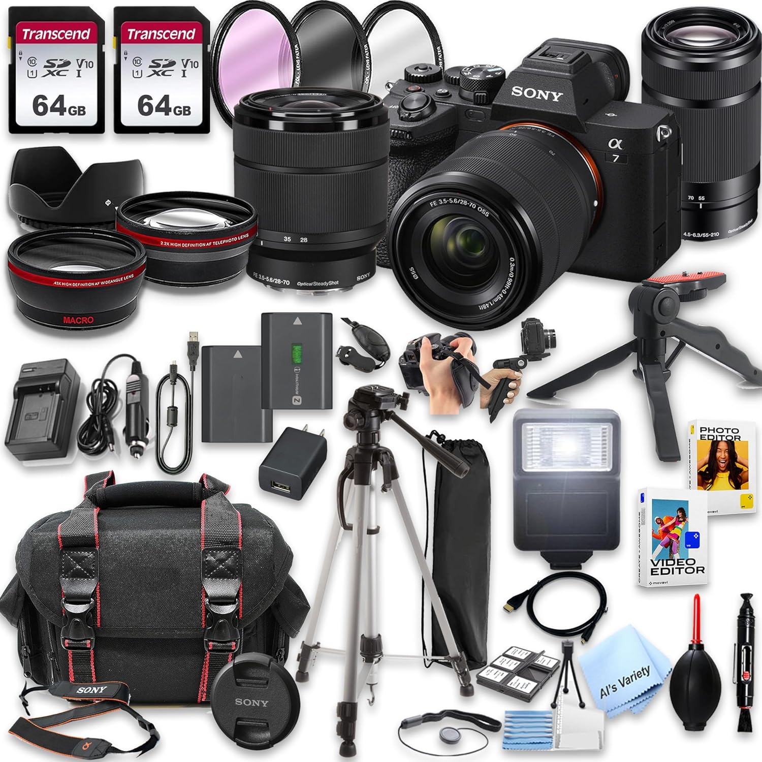 Sony A7 IV Mirrorless Camera with 28-70mm & 55-210mm Zoom Lenses + 128GB Memory, Spare Battery, Filters,Case, Tripod, Flash, and More (39pc Bundle) (Renewed)