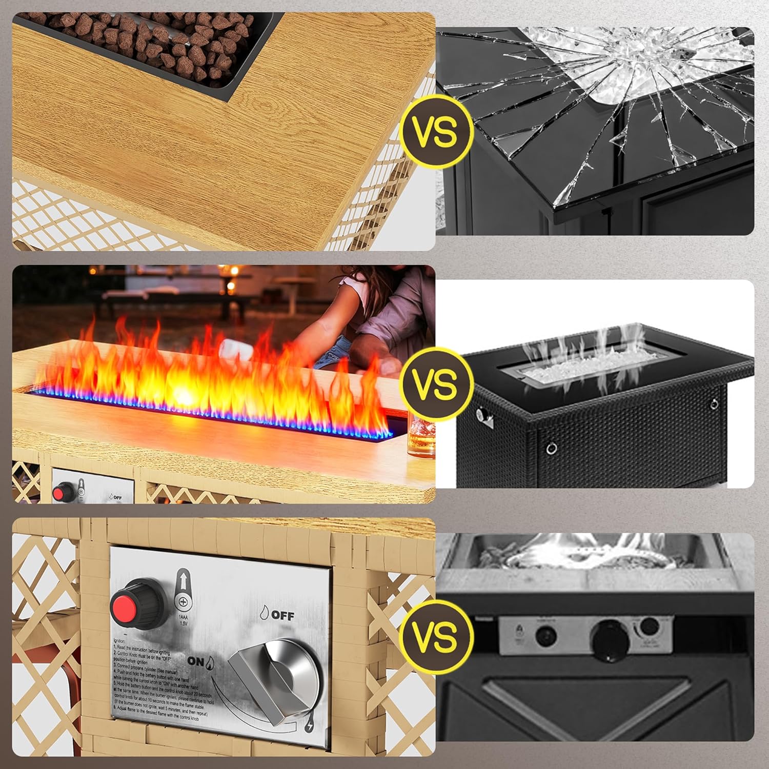 LYNSLIM Outdoor Fire Pit Table with Tank Table, CSA Certifed 60,000 BTU Stainless Steel Burner, Rattan Rectangular Propane Patio Firepit Table for Outside with Exterior, Porch, Backyard or Garden