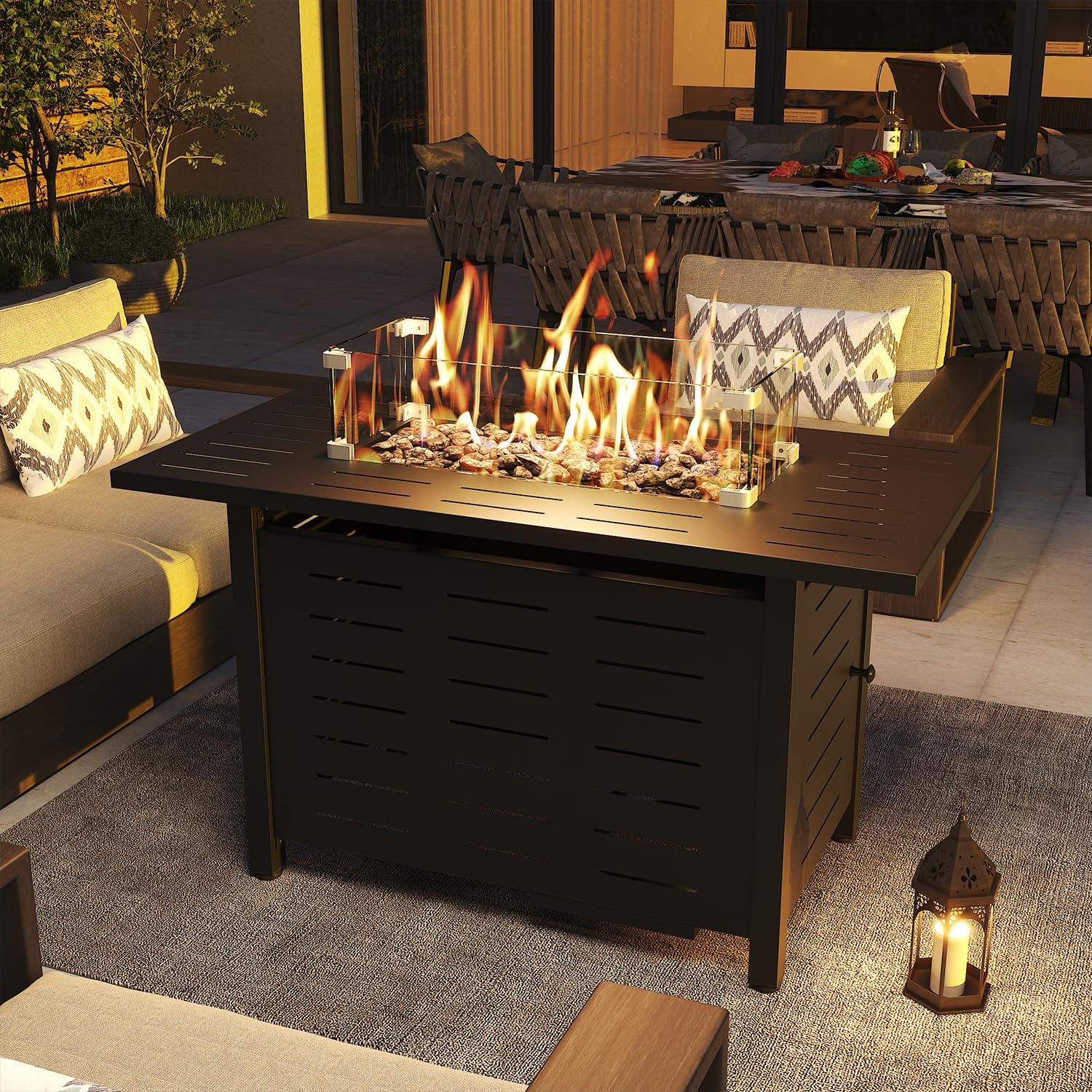 Propane Fire Pit 50,000 BTU Outdoor Gas Fire Table with Waterproof Cover Rectangular Steel Firepit Table with Lid and Lava Rock for Outdoor, Patio, Backyard