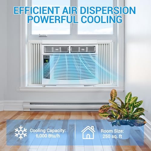 6,000 BTU Window Air Conditioner, Cool Rooms Up to 250 Sq.Ft., Smart Window AC Unit with Remote Control, 3 Fan Mode, Sleep & ECO Mode, Washable Filter, for Bedroom, Apartment, Office, New R32