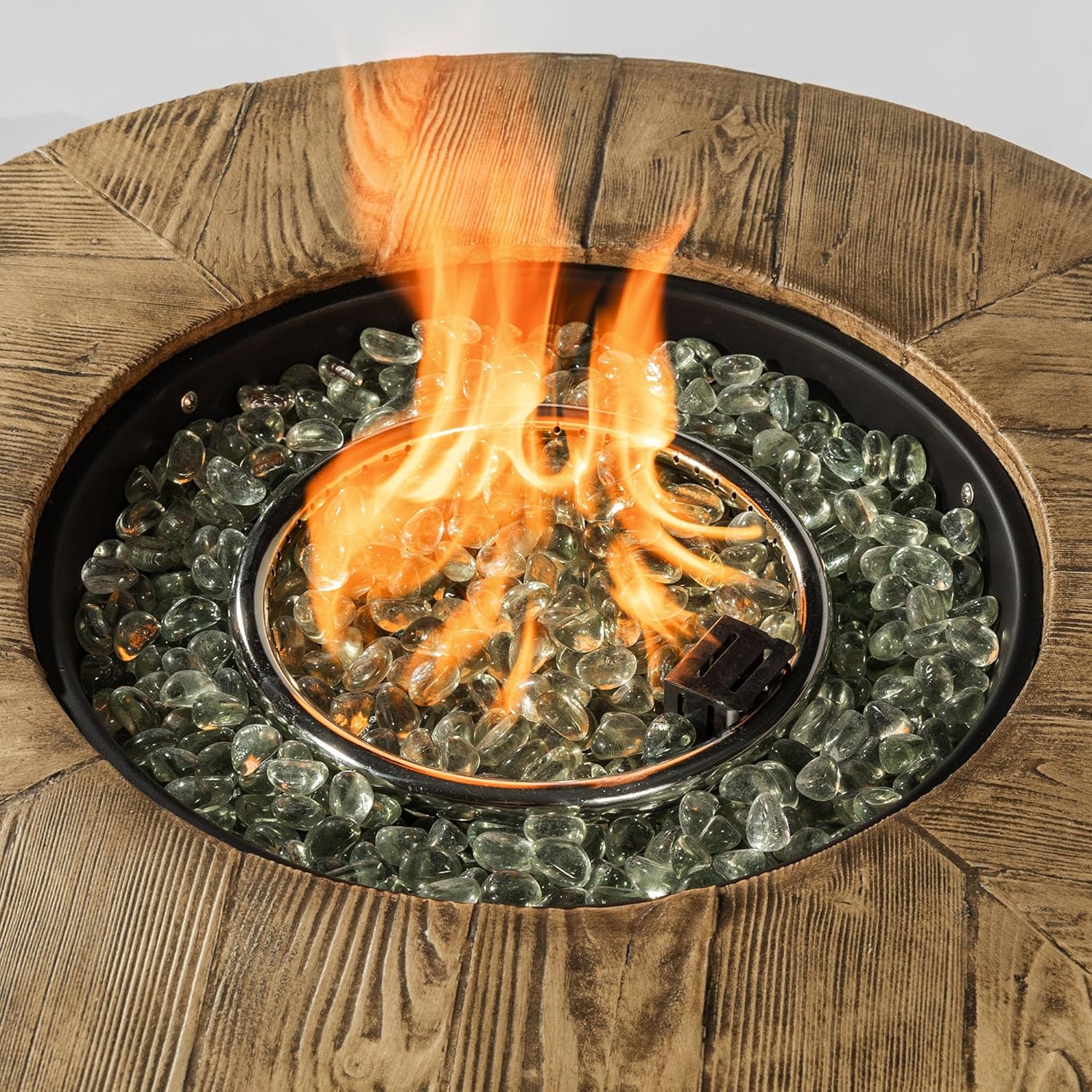 30-Inch Round Fire Pit Table with Textured Wood Grain Finish, Black Steel Propane Heater Delivers 50,000 BTU for Patio and Backyard Featuring Durable All-Weather Construction