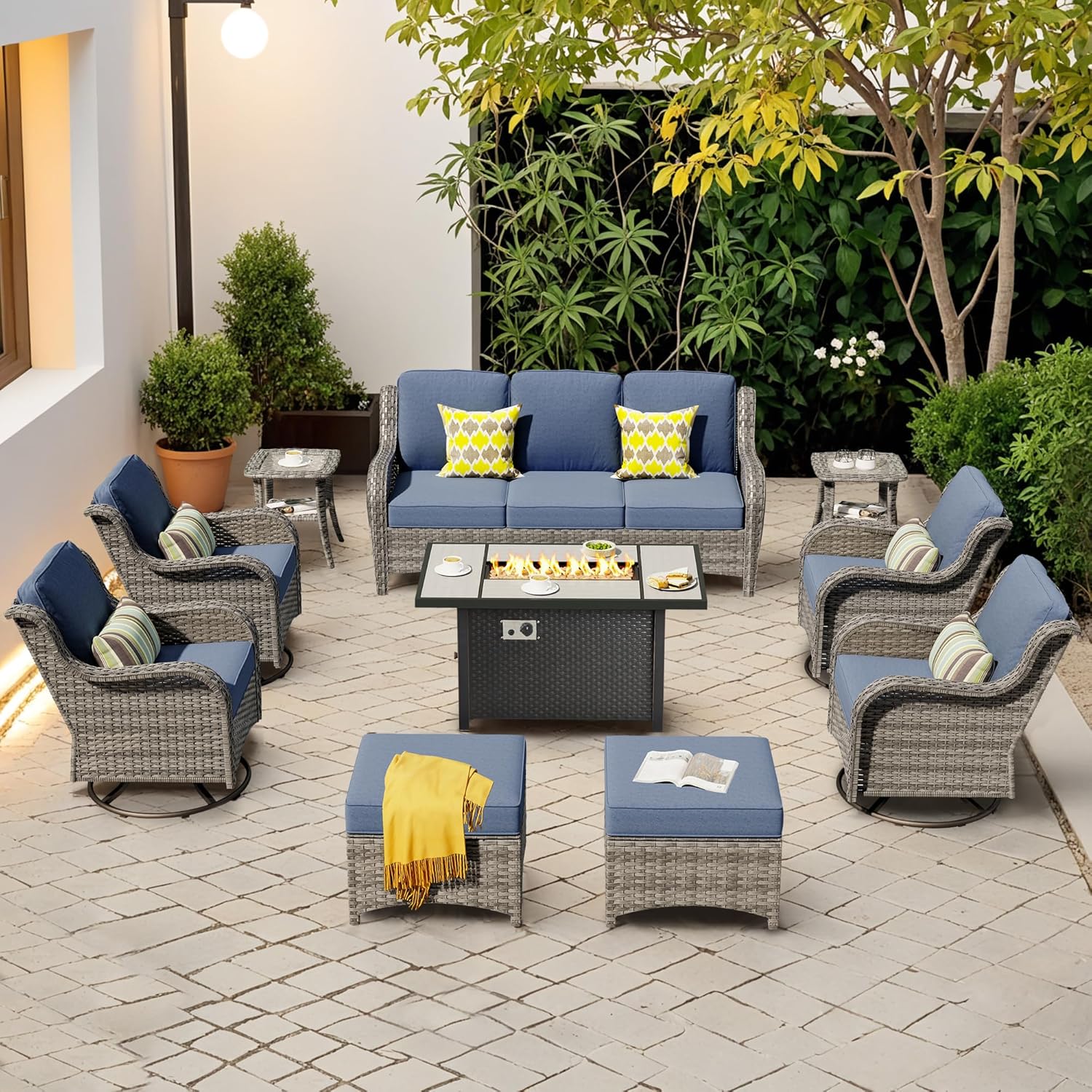 10 PCS Patio Outdoor Furniture Set with Fire Pit Table and Swivel Rocking Chairs,Patio Seating Sofa and Chairs Set,All Weather Wicker Rattan Outdoor Conversation Sets,Grey Rattan,Denim Blue