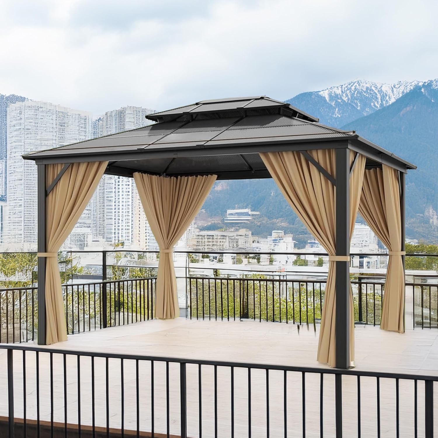 10x10ft Hardtop Gazebo, Aluminum Frame with Galvanized Steel, Permanent Double Roof Canopy Pavilion with Netting & Curtains, Double Layer Sidewalls for Patio, Backyard, Deck