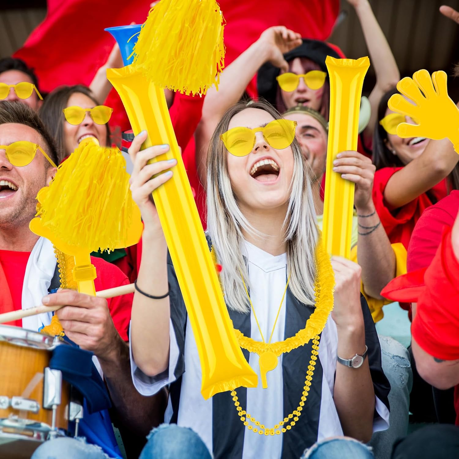 Soulchen Team Spirit Accessories Bulk Team Spirit Day Assortment Thunder Stick Hand Clapper Whistle Megaphone Cheerleading Pom Poms Glasses Necklace Sticker for Sport