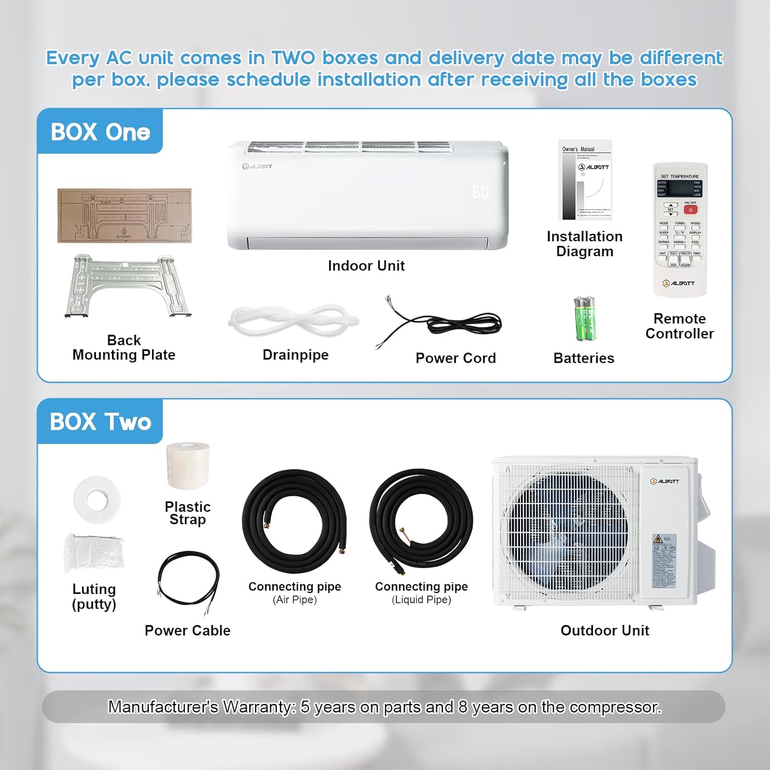 Albott Mini Split Air Conditioner Heat Pump, 18000 BTU 19 SEER2 208V-230V Inverter Ductless Wall AC Unit Cools Rooms up to 1250 Sq. Ft, 14.8ft Installation Kit, White
