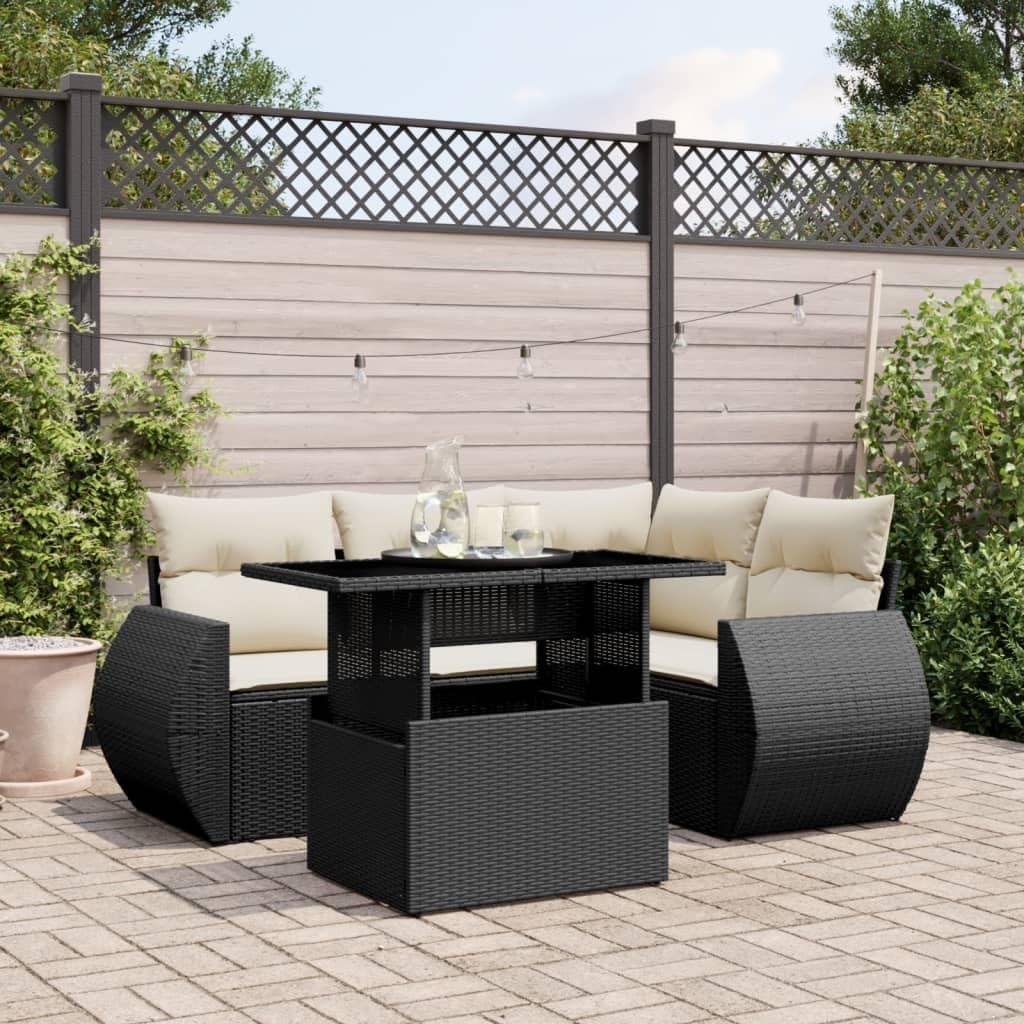 5 Piece Garden Sofa Set Black, Outdoor Patio Furniture with Cushions, Modular Synthetic Rattan Dining Table Set for Balcony, Terrace