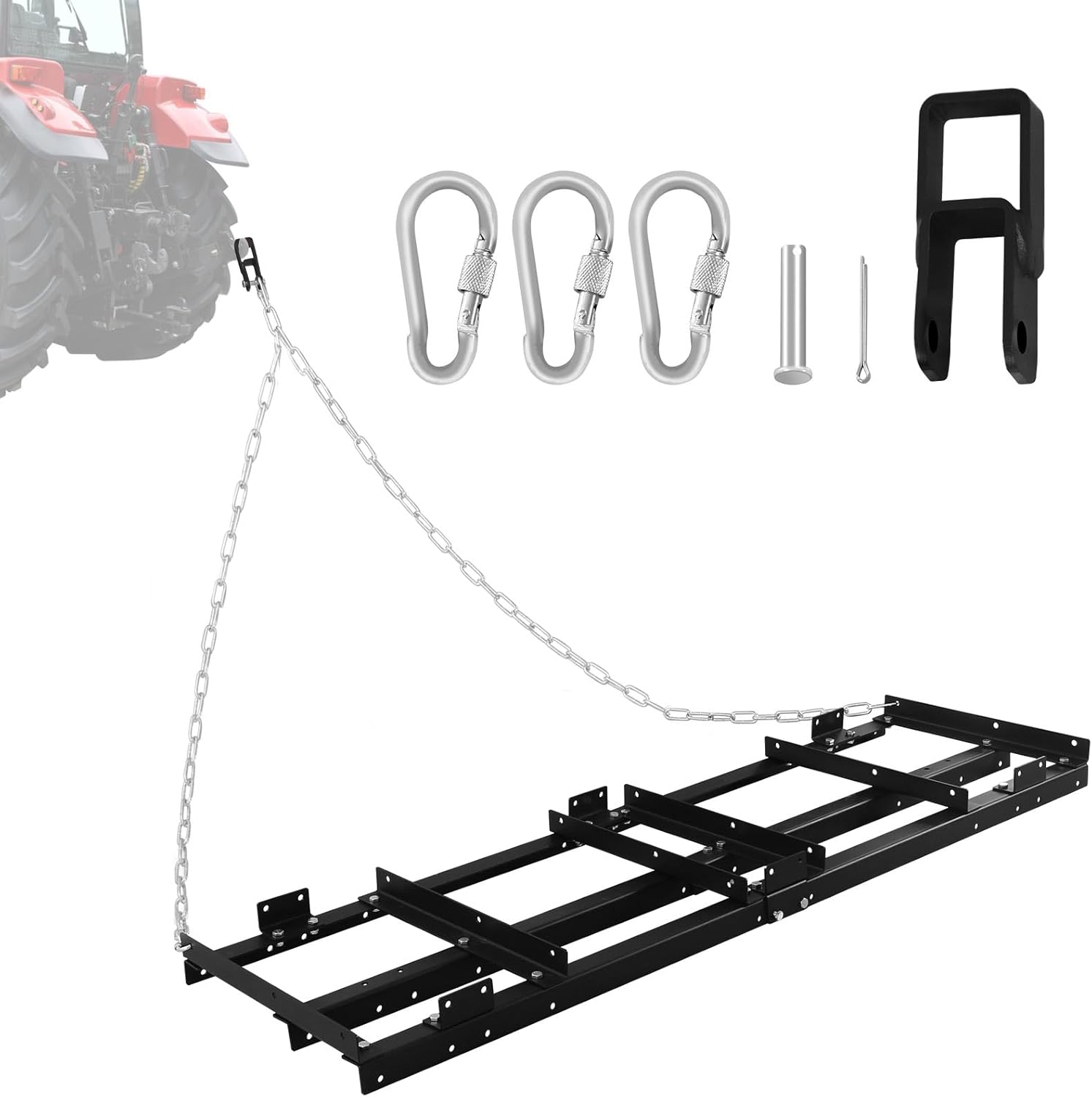 6FT Drag Harrow Driveway Grader Heavy Duty Power Lawn Rake with 4FT Chain Tow Behind for ATV, UTV, Tractor, Mower, Land Leveler for Gravel, Sand, Soil, Hay