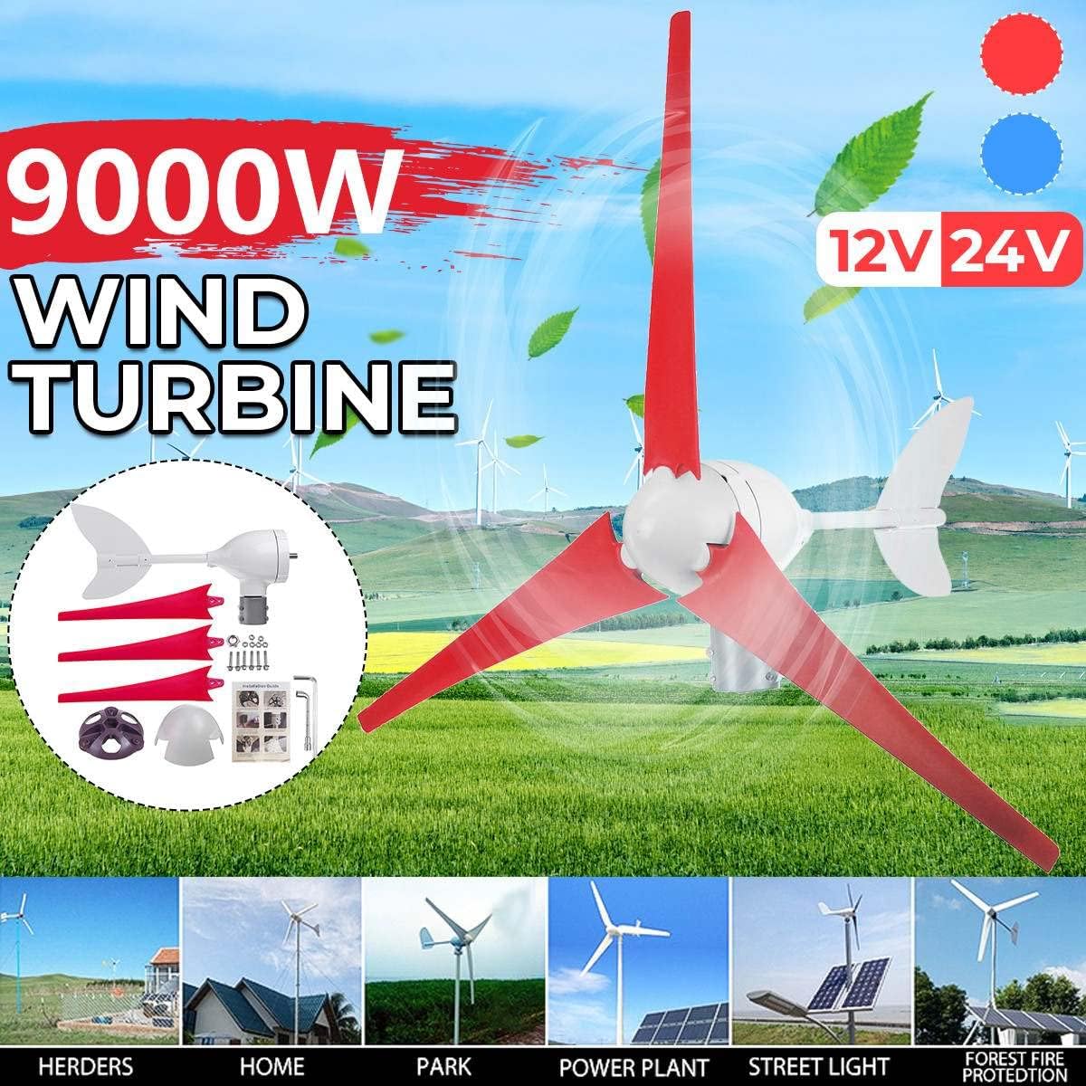 9000W 12V/24V S7 Wind Turbine Generator Built-in Controller 3 Blades Windmill Energy Turbines Charge Fit for Home Camping