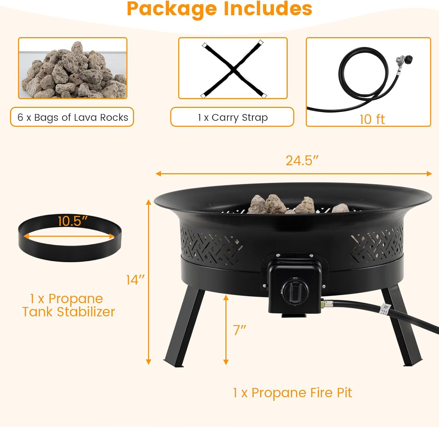 Tangkula Portable Propane Fire Pit, 24.5 Inch 58,000 BTU Smokeless Fire Bowl with Carry Strap, Lid & Folding Legs, Tank Base Holder, Outdoor Gas Fire Pit for Camping Patio Backyard