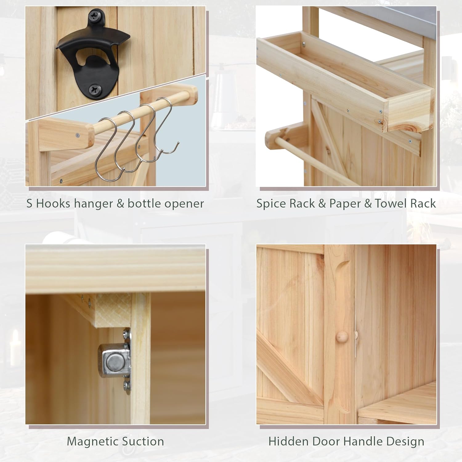 LUMISOL Outdoor Kitchen Island with Stainless Steel Top & Storage Cabinet, Farmhouse Solid Wood Grill Table with Internal Storage Rack, Outdoor Bar Cart with Spice & Towel Rack, Natural