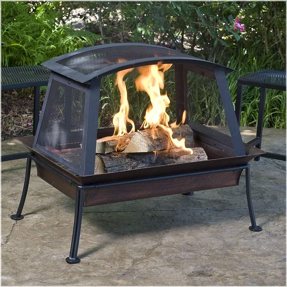 Square Fire Pit with 360 Degree View, Outdoor Wood Burning Fire Pit with Spark Screen, for Patio, Picnic, Garden and d,Outdoor Fire Pits