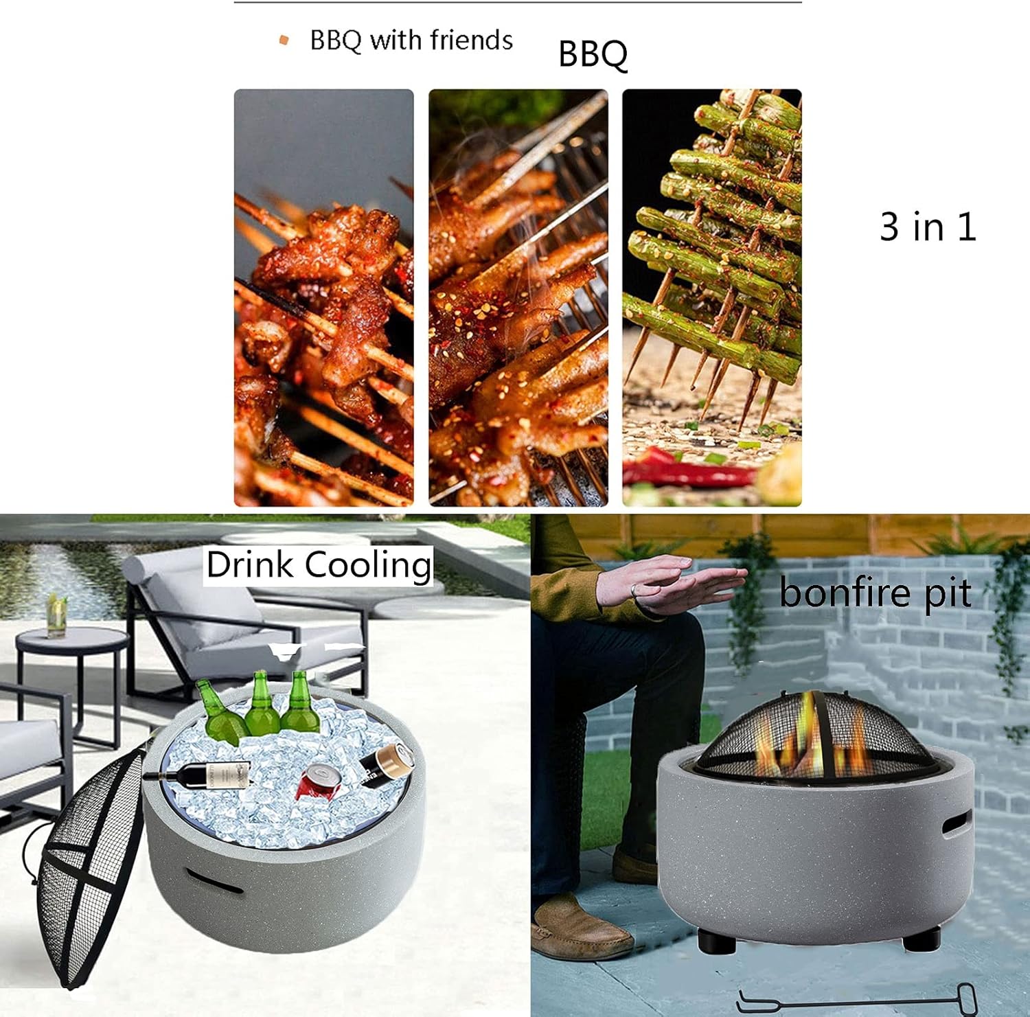 Fire Pit with BBQ Grill Shelf Outdoor Garden Patio Heater BBQ/Ice Pit with Waterproof Cover (3 in 1Fire Pit Table & Grill)