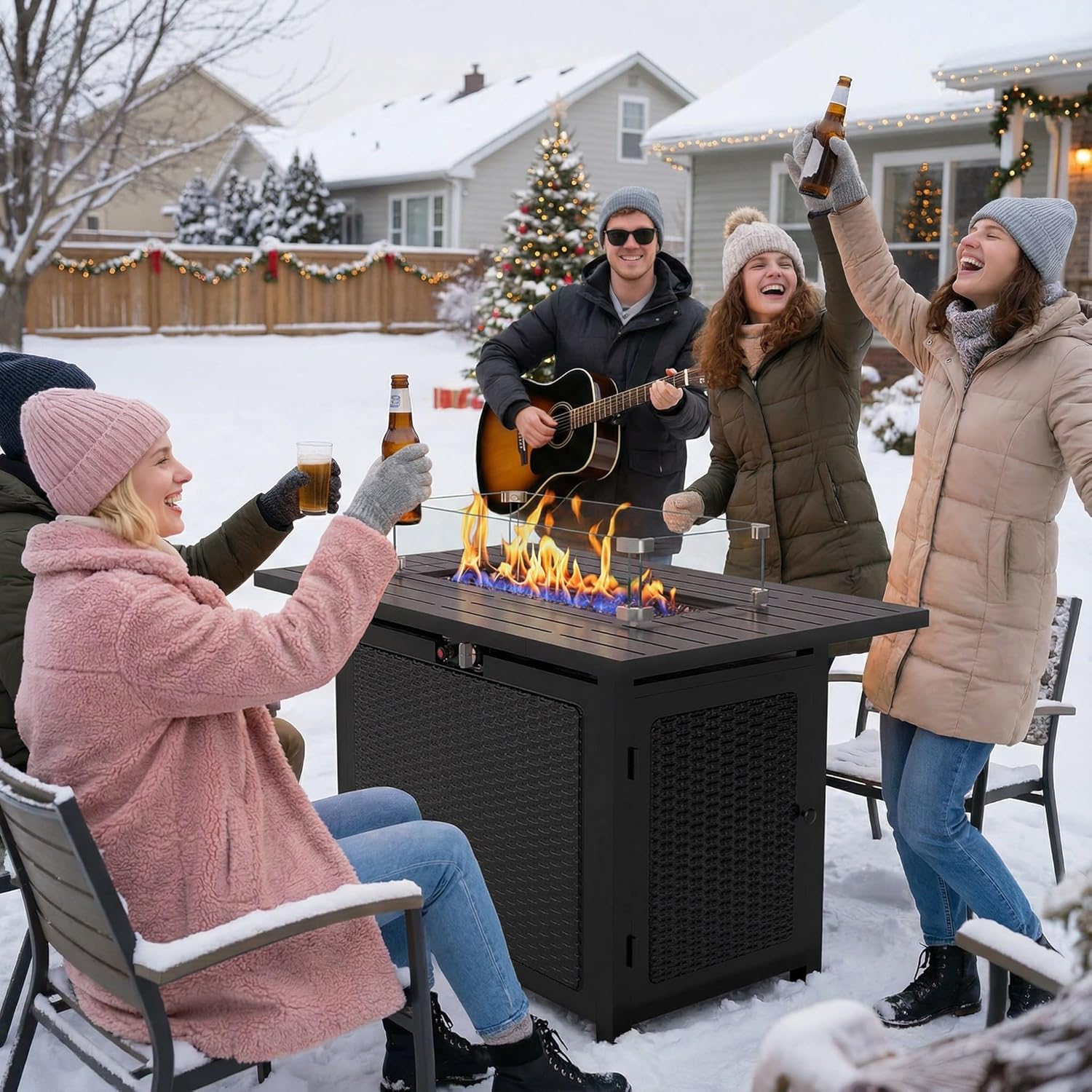 Black Propane Fire Pit Table, 50000 BTU Gas Fire Pits Table with Removable Lid and Lava Rock, Rectangular Fire Table with Cover, Ideal for Dining or Party on Patio, 43'', Garden, Yard