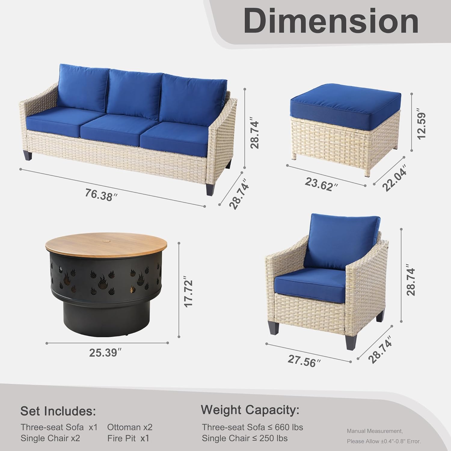 Patio Furniture Sectional Sofa 6-Piece Wood Fire Pit Outdoor Wicker Furniture Set Circular Steel Pit Table No-Slip Cushions Furniture(Blue)