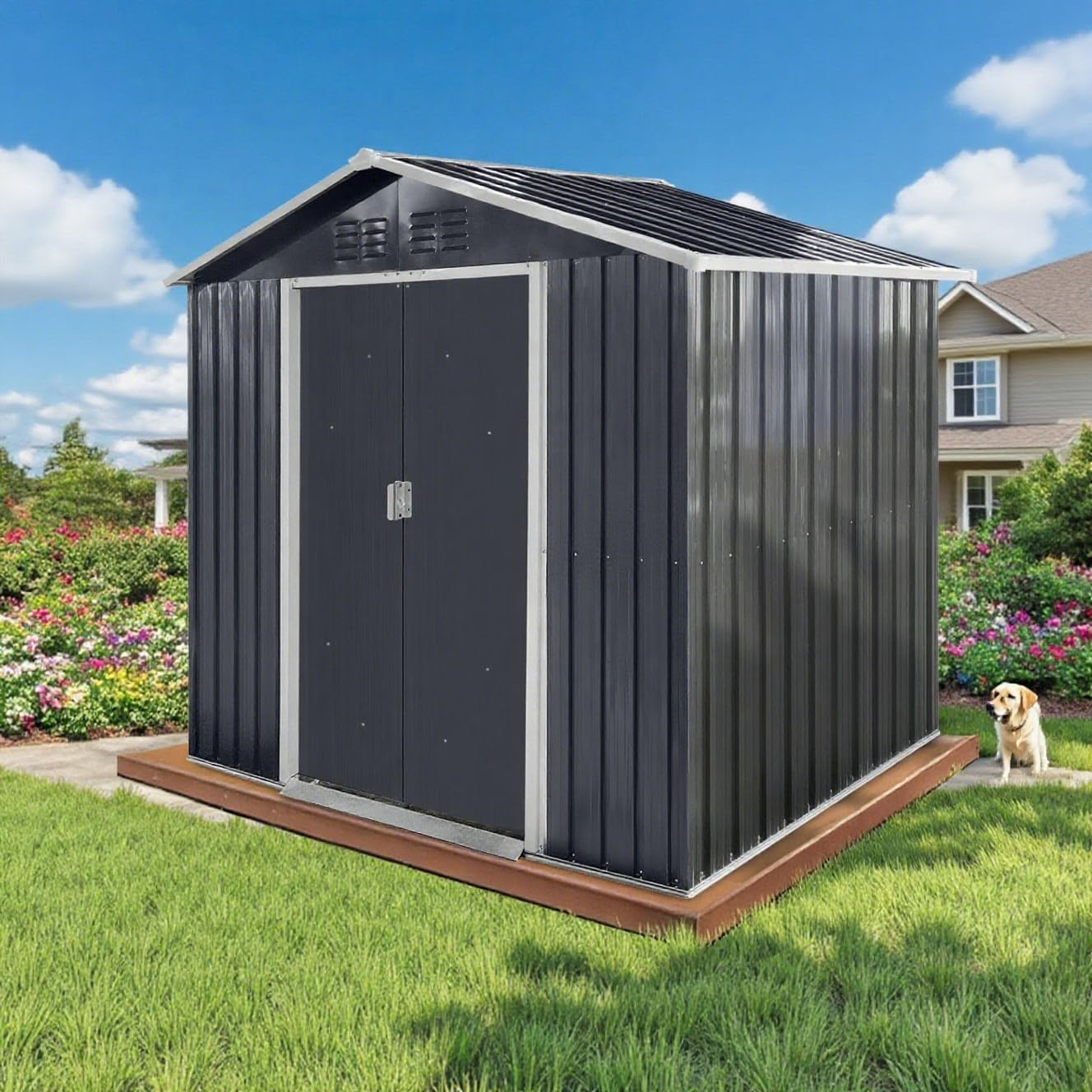 7x4.3 Ft Outdoor Storage Shed, Heavy-Duty Metal Shed with Windows & Secure Lockable Doors, Ideal Storage Shed for Outdoor, Patio, Garden, and Backyard, Black
