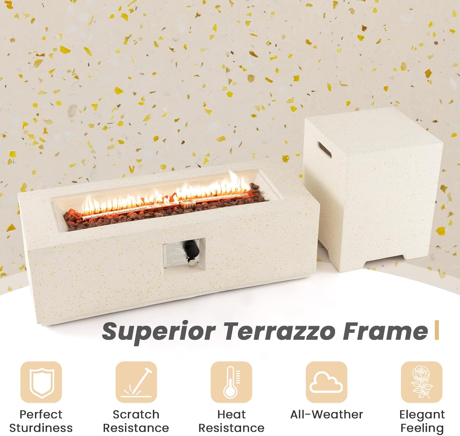 Tangkula 50,000 BTU Propane Fire Pit Table Set, 42” Terrazzo Fire Pit Table with Hideaway Tank Holder, Stainless Steel Burner, Protective Cover, Lava Rocks, Fit 20 lbs Tank