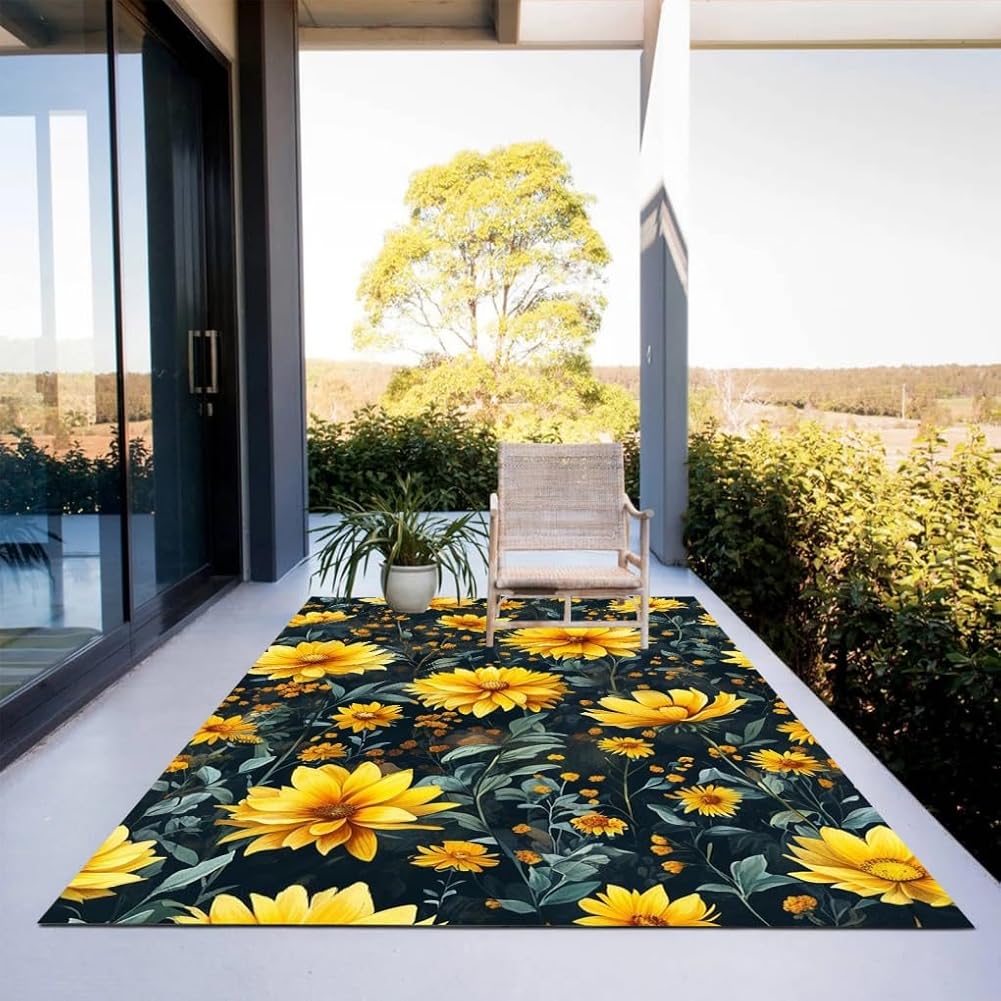 Machine Washable Outdoor Area Rug 10x14 Yellow Blooming Flower Outdoor Rug for Backyard Balcony Patio Country Style Flowers Pattern Outside Carpet 3D Floral Decor Waterproof Camping Floor Mat
