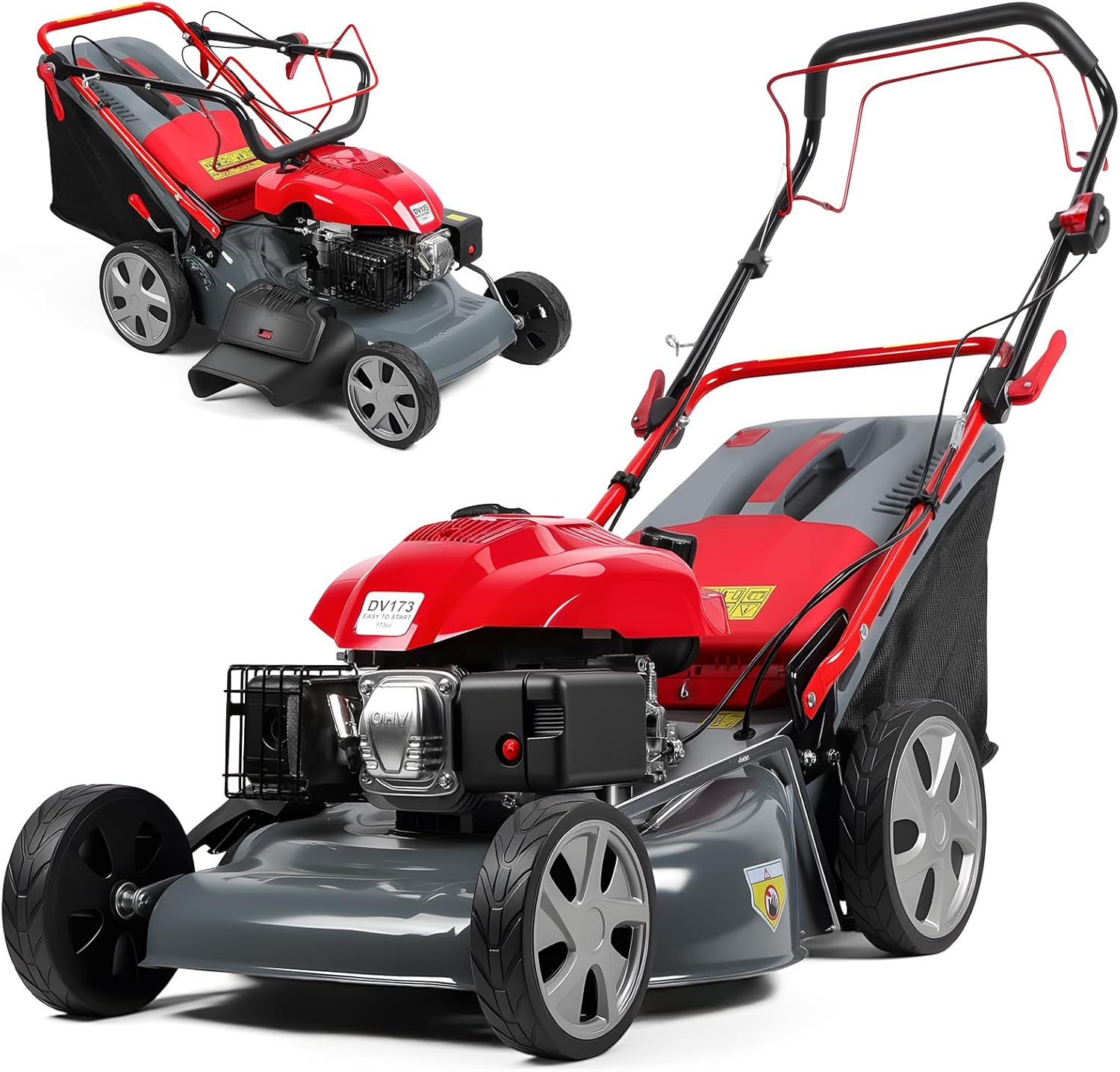 20-Inch Self-Propelled Lawn Mower, 173cc Gas Engine Push Mower with Adjustable Cutting Height 25-75mm, Rear Wheel Drive Grass Cutter 60L Grass Tank Yard Lawn Landscaping Tool (Red)