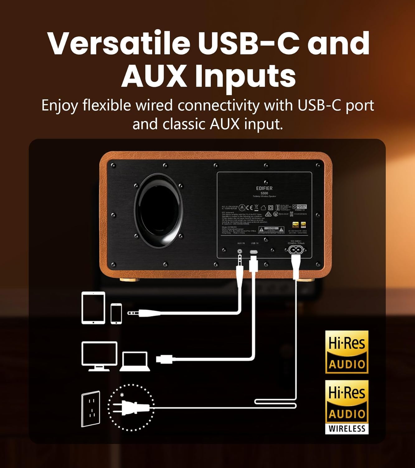 Edifier S300 Hi-Fi Tabletop Speaker, Hi-Res Audio LDAC for Wireless Multi-Room & Stereo Pairing, 80W Power Works with AirPlay 2 Bluetooth 5.4 USB-C AUX Inputs, Retro Design with Remote - Brown