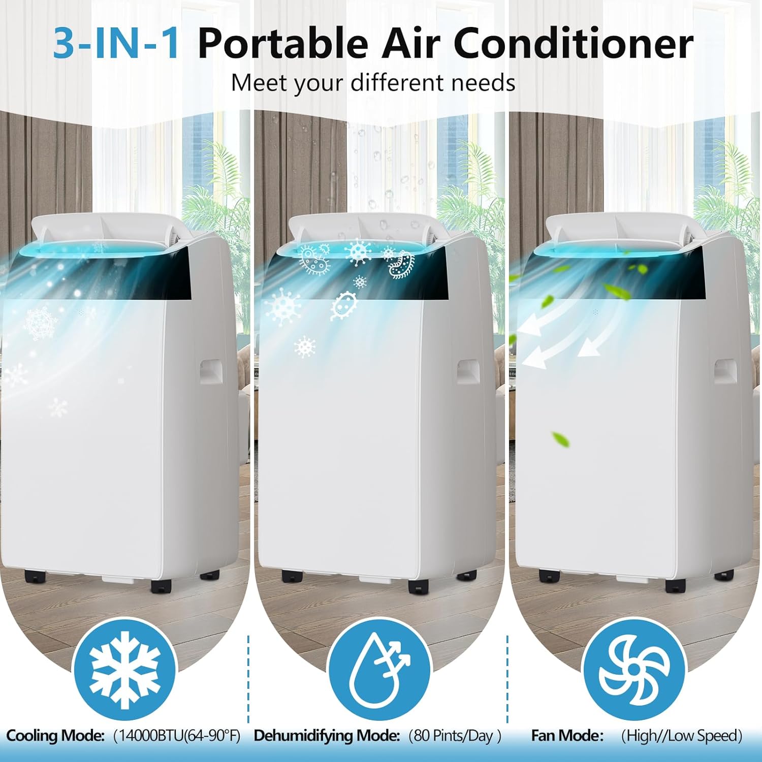 Portable Air Conditioner, 14000 BTU Air Conditioner with Remote Control,Quiet AC Unit with Cool, Dehumidifier & Fan Mode, 24 Hour Timer, Room Cooling Up to 700 sq ft