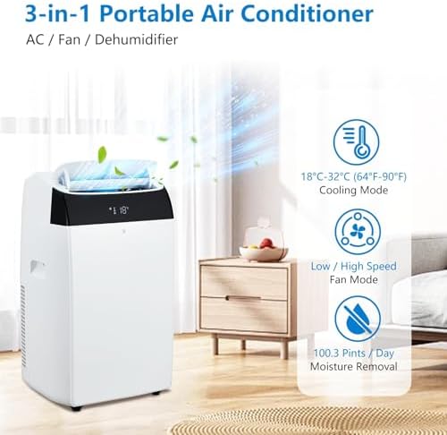 14,000 BTU Portable Air Conditioner - 3-in-1 Quiet AC for Rooms up to 750 Sq.Ft, Includes Remote Control & Installation Kits, 3 Cooling Speeds, Auto Swing, 24-Hour Timer