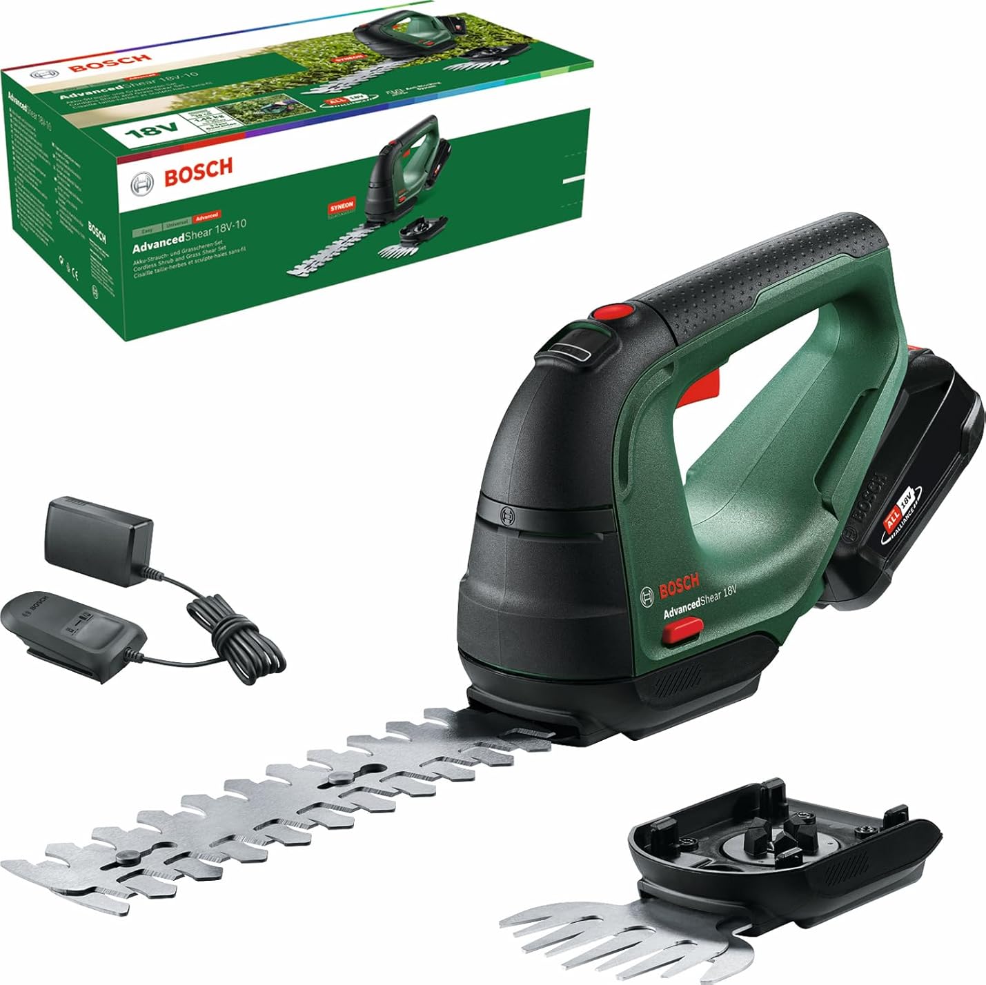 Bosch Home and Garden 0600857000 Bosch AdvancedShear 18V-10 (1 2.0 Ah, 18 V System, Cuts up to 85 m² per Battery Cycle, with Mower Blades and Hedge Trimmers, Boxed)