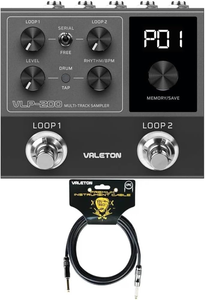 Valeton VLP-200 Multi-Track Sampler - Two full-featured loopers and a variety of drum rhythm patterns and Valeton VGC-3 10ft Premium Instrument Cable Straight-Straight bundle