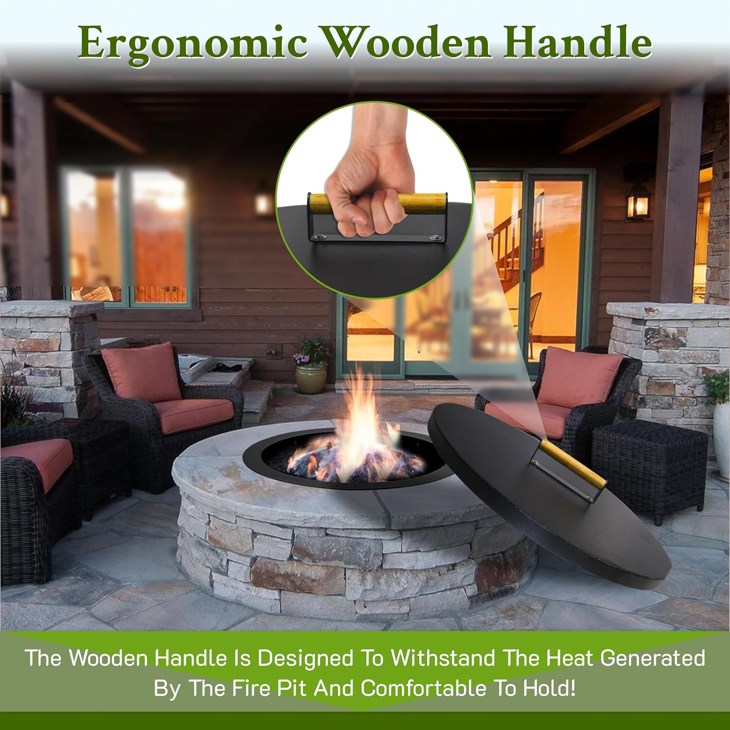 30” firepit lid Round for Inside up to 28” Gas fire Pit lid for Outdoor Fireplace Cover Lid - Steel fire Pit Metal Cover with Wooden Handle & Powder Coated Snuffer Lid for Round Patio Fire Pit Ring