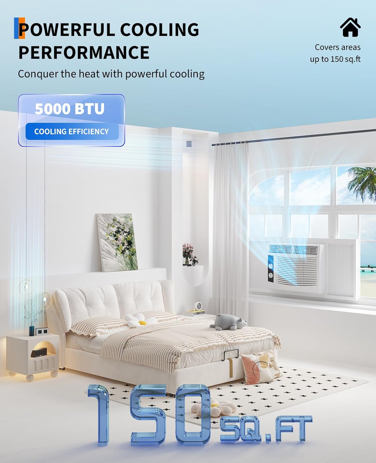5000 BTUs Window Air Conditioner, Smart Window Air Conditioner Unit Cooling for 150 Sq.Ft, Mechanical Control Panel, Quiet 50dB, Includes Window Kit, 115V/60Hz, White