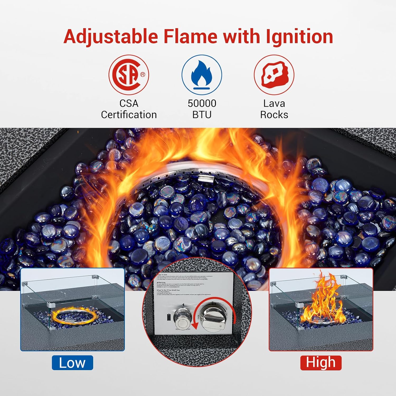 50000 BTU Propane Fire Pit Table, 36 in Outdoor Gas Fire Pit Table with 16 in Propane Tank Cover, Wind Guard, Glass Rocks & Rain Cover for Garden Backyard Deck Patio