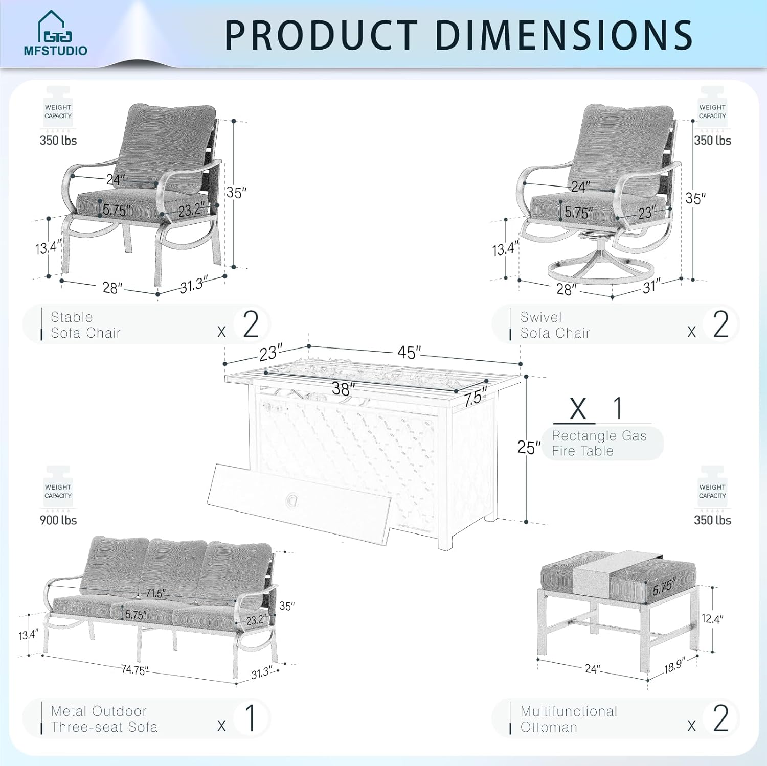 MFSTUDIO Patio Furniture Sets with 45