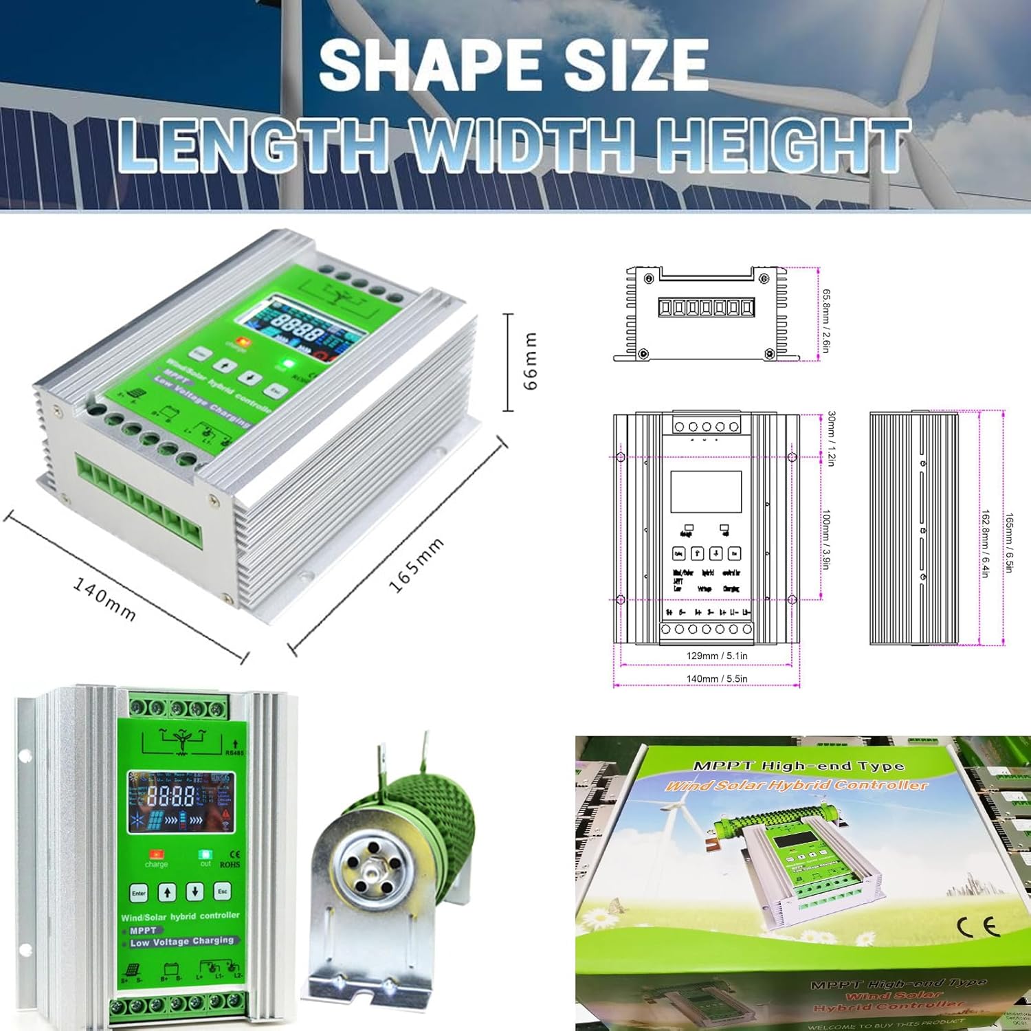 Wind Solar Hybrid Charge Controller Wind Turbine Hybrid Mppt Charge Boost Controller Solar Panel Auto Regulator Wind Generator Control System Battery Off Grid Controller with LCD Display
