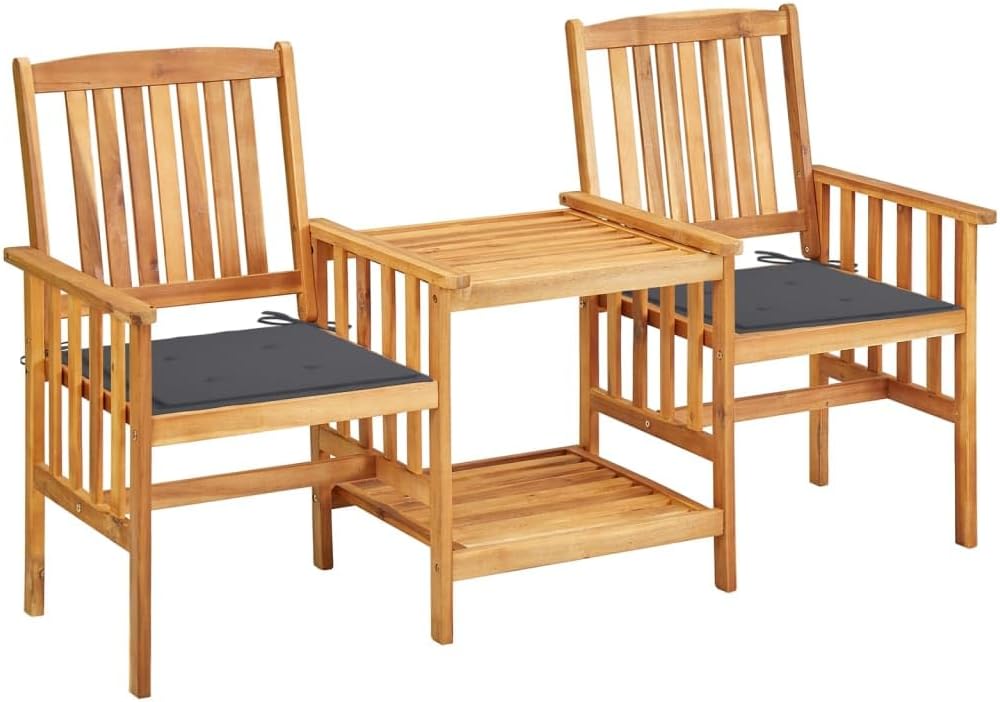 Patio Chairs with Tea Table and Cushions Solid Acacia Wood,Rustic Acacia Wood Bistro Set for Outdoor Garden and Patio with Double Chair and Table Patio Furniture Sets, Outdoor Furniture Sets