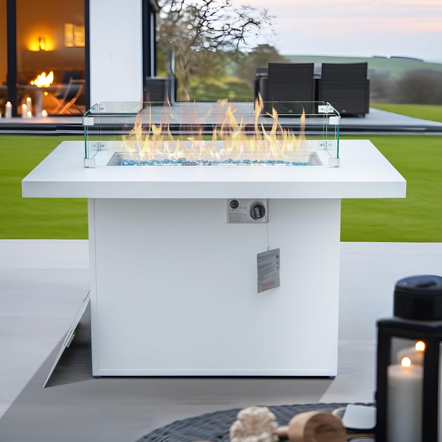 RADIATA Patio Outdoor Aluminum Rectangle Propane Gas Fire Pit Table Anti-Rust 55,000 BTU H-Burner Firepit with Glass Stones & Wind Guard Glass Cover for Outside Garden Yard Pool Balcony (White)