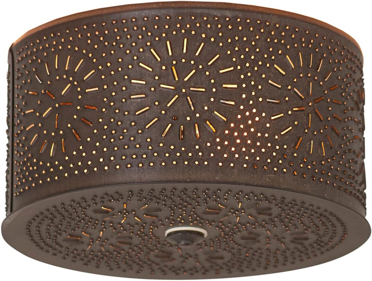 Irvin's Tinware, 367KB, 2 Light Flush Mount Round Ceiling Light with Chisel in Kettle Black Tin, Rustic Country Lighting