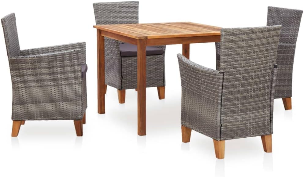 5-Piece Outdoor Dining Set, Natural Grey PE Rattan Patio Furniture, Square Table & 4 Chairs with Cushions for Garden, Balcony, Terrace