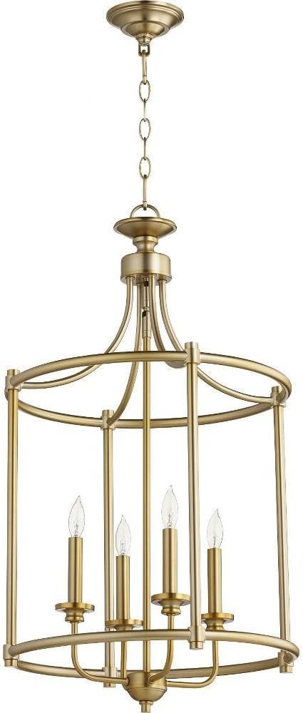 Quorum International Rossington 4-Light Pendant | Aged Brass Finish | Satin Opal Glass Shades | Transitional Steel Fixture | Adjustable Chain | Candelabra Base | Damp Rated | 6822-4-80